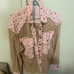 Pink and Tan Button-Up Shirt with Floral Accents